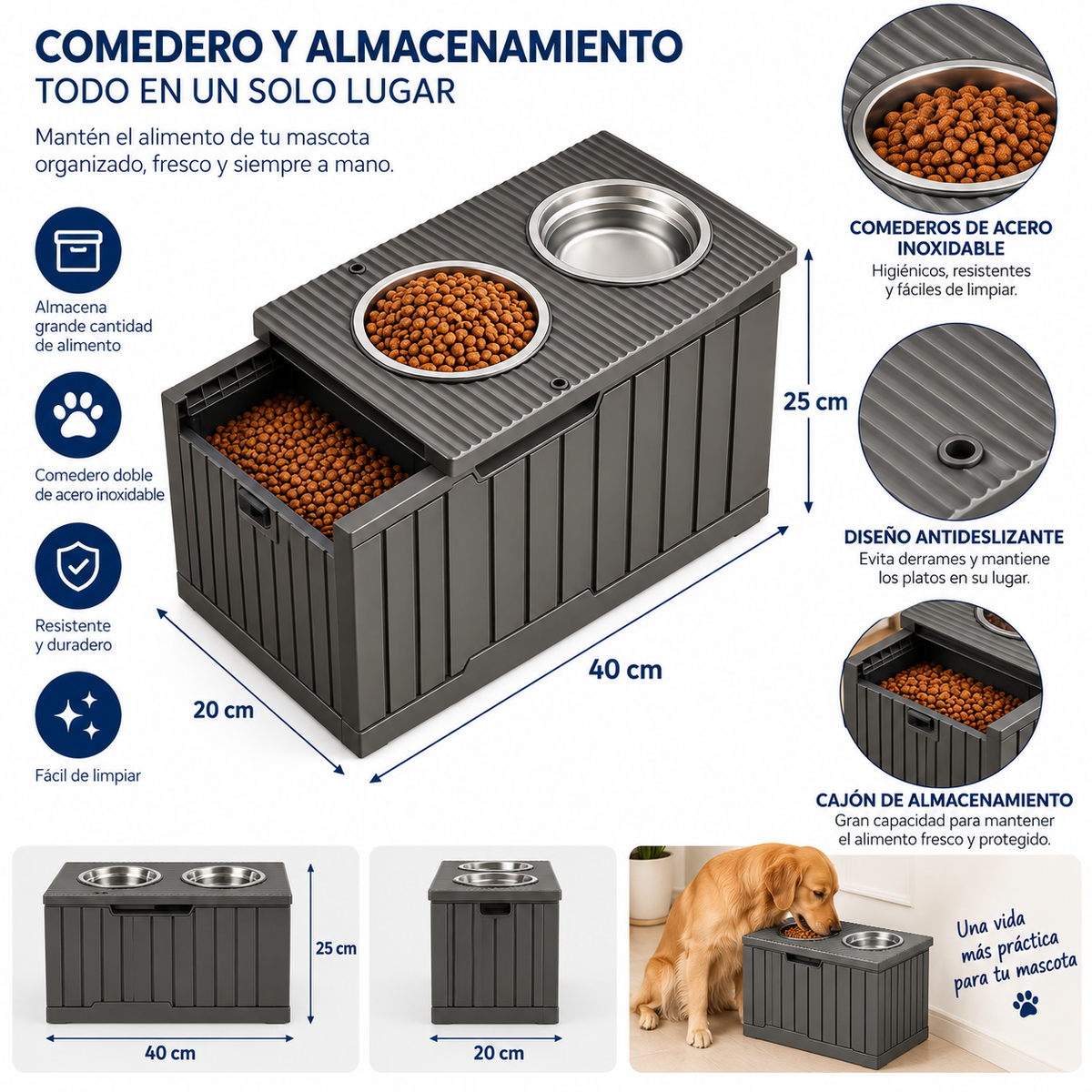 Comedero Daki 2 en 1 con Almacenamiento de Alimento