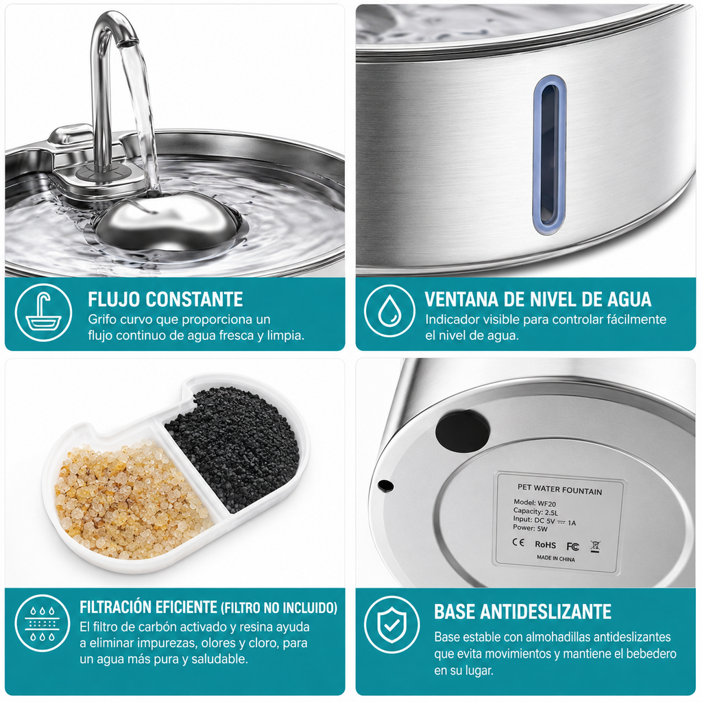Fuente de Agua para Mascotas 2,5 L — Acero Inoxidable