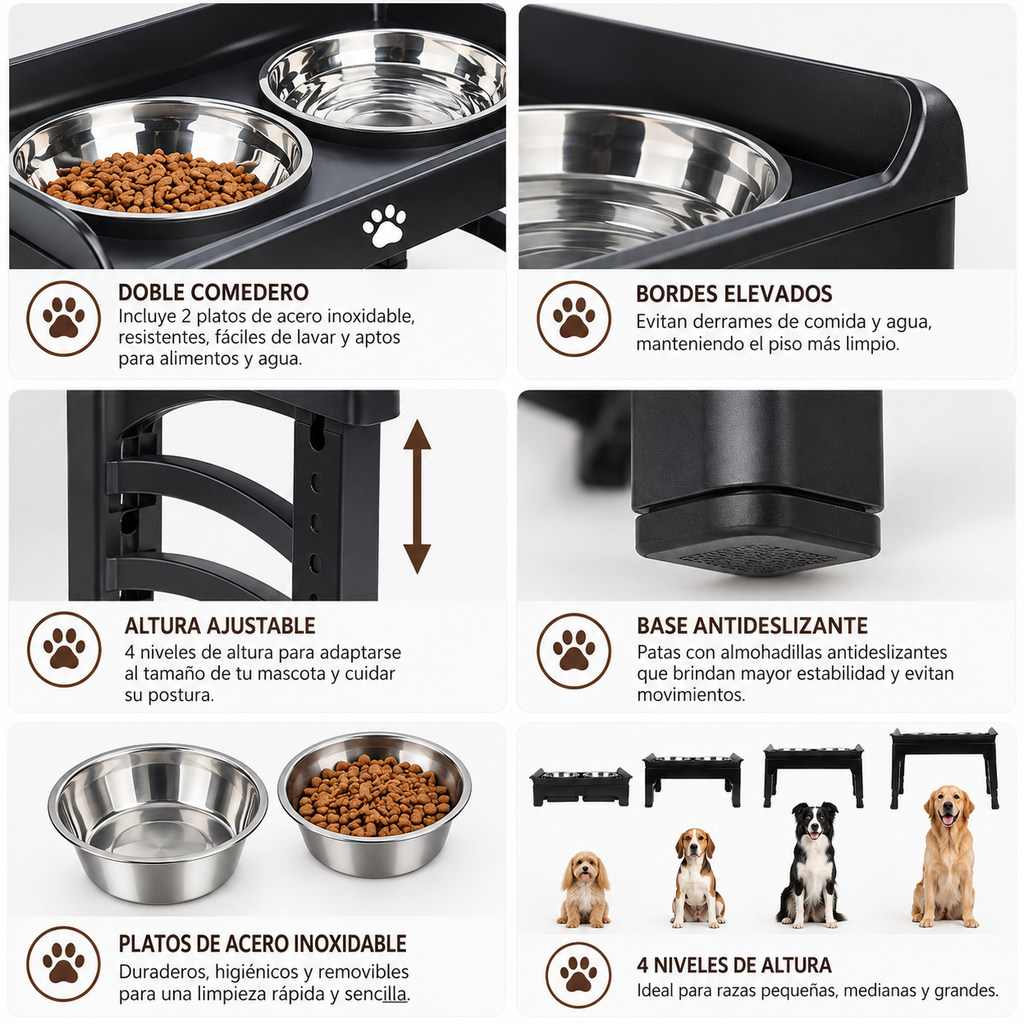 Comedero Elevado Ajustable para Perros — Doble Acero Inoxidable