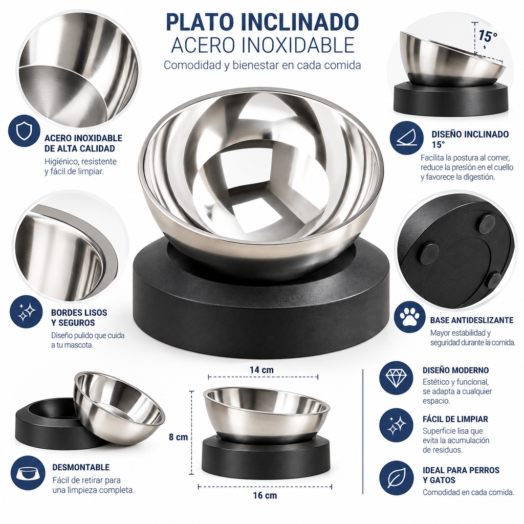 Plato Inclinado de Acero Inoxidable para Perros