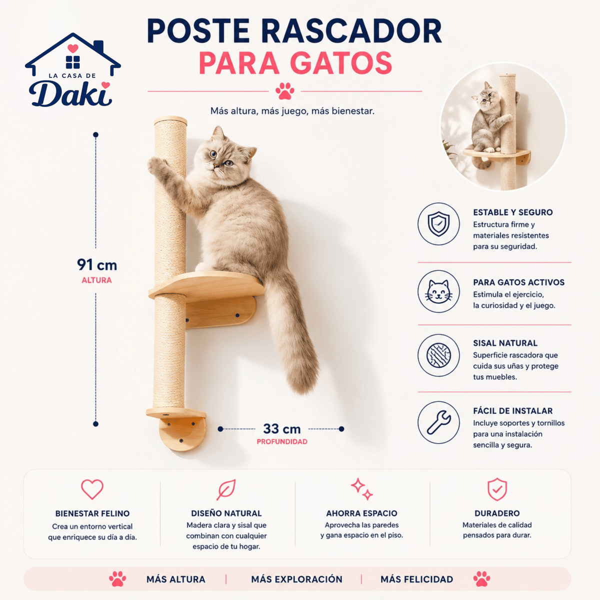 Poste Rascador Daki WallClimb 91 para Gatos - La Casa de Daki