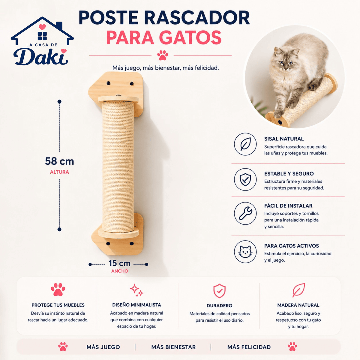 Poste Rascador Daki WallScrape 58 para Gatos - La Casa de Daki