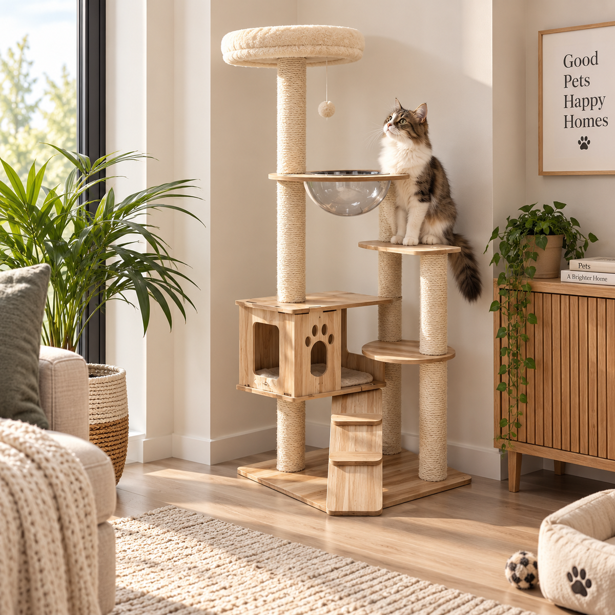 Árbol Rascador para Gatos 133 cm con Casa, Cúpula y Plataformas