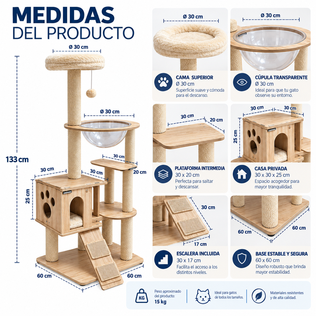 Árbol Rascador para Gatos 133 cm con Casa, Cúpula y Plataformas
