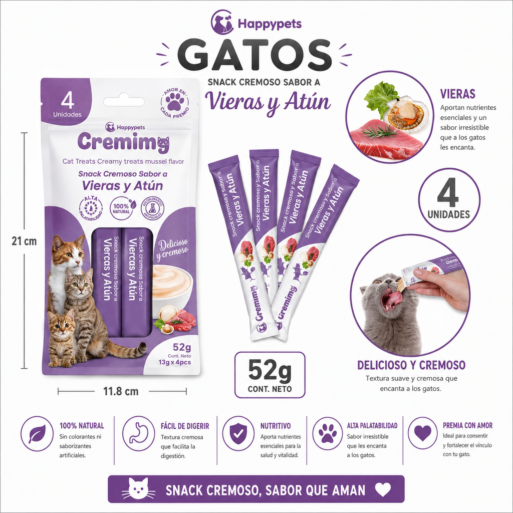 Happypets Cremimg Vieras y Atún — Snack Cremoso para Gatos 52 g