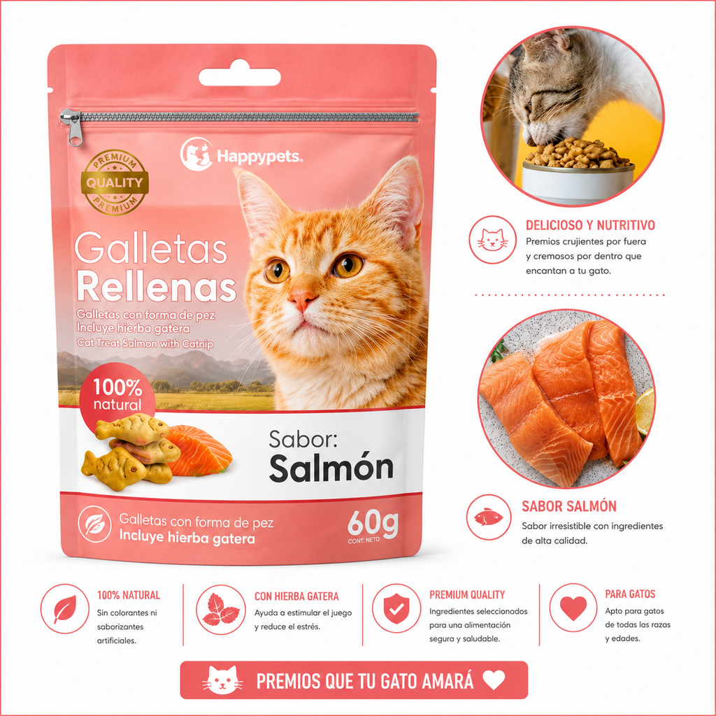 Happypets Galletas Rellenas de Salmón con Hierba Gatera 60 g