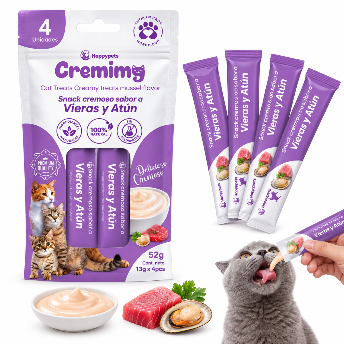 Happypets Cremimg Vieras y Atún — Snack Cremoso para Gatos 52 g