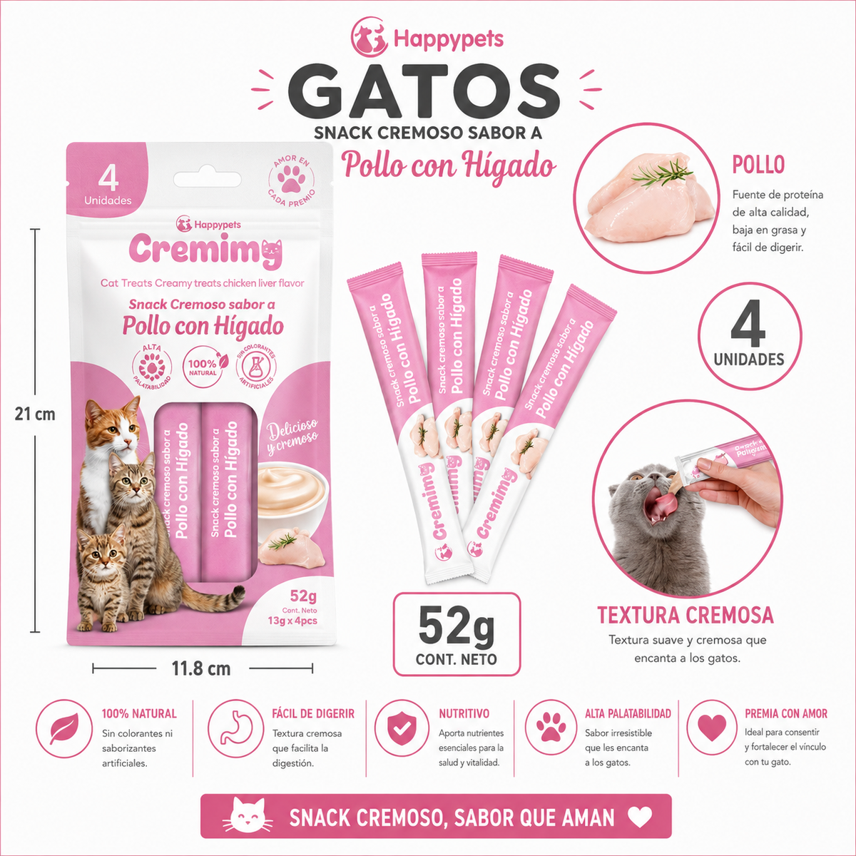 Happypets Cremimg Pollo con Hígado — Snack Cremoso para Gatos 52 g