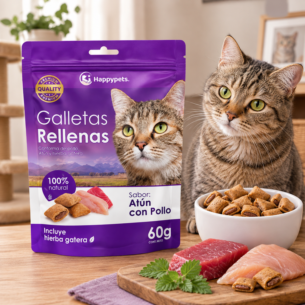 Happypets Galletas Rellenas de Atún con Pollo y Hierba Gatera 60 g