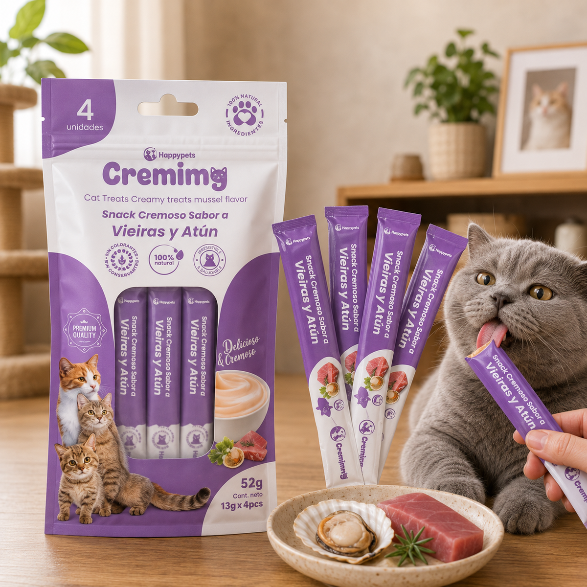 Happypets Cremimg Vieras y Atún — Snack Cremoso para Gatos 52 g