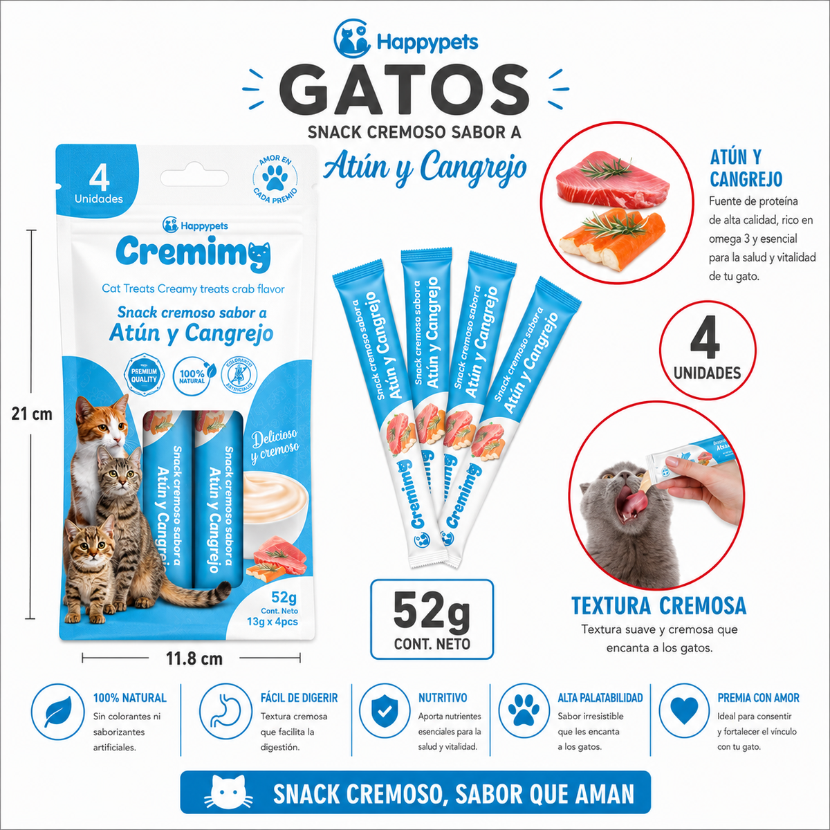 Happypets Cremimg Atún y Cangrejo — Snack Cremoso para Gatos 52 g
