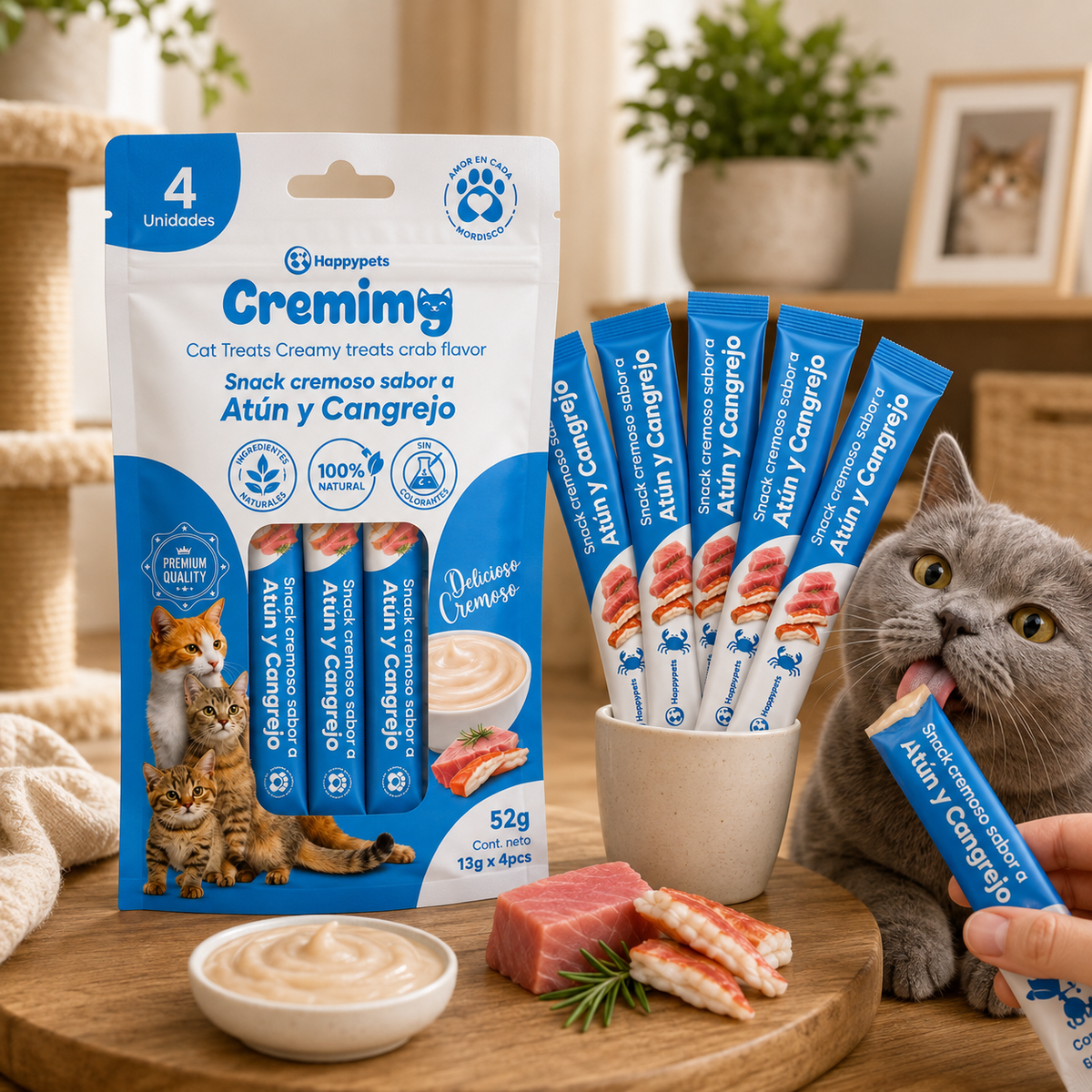 Happypets Cremimg Atún y Cangrejo — Snack Cremoso para Gatos 52 g