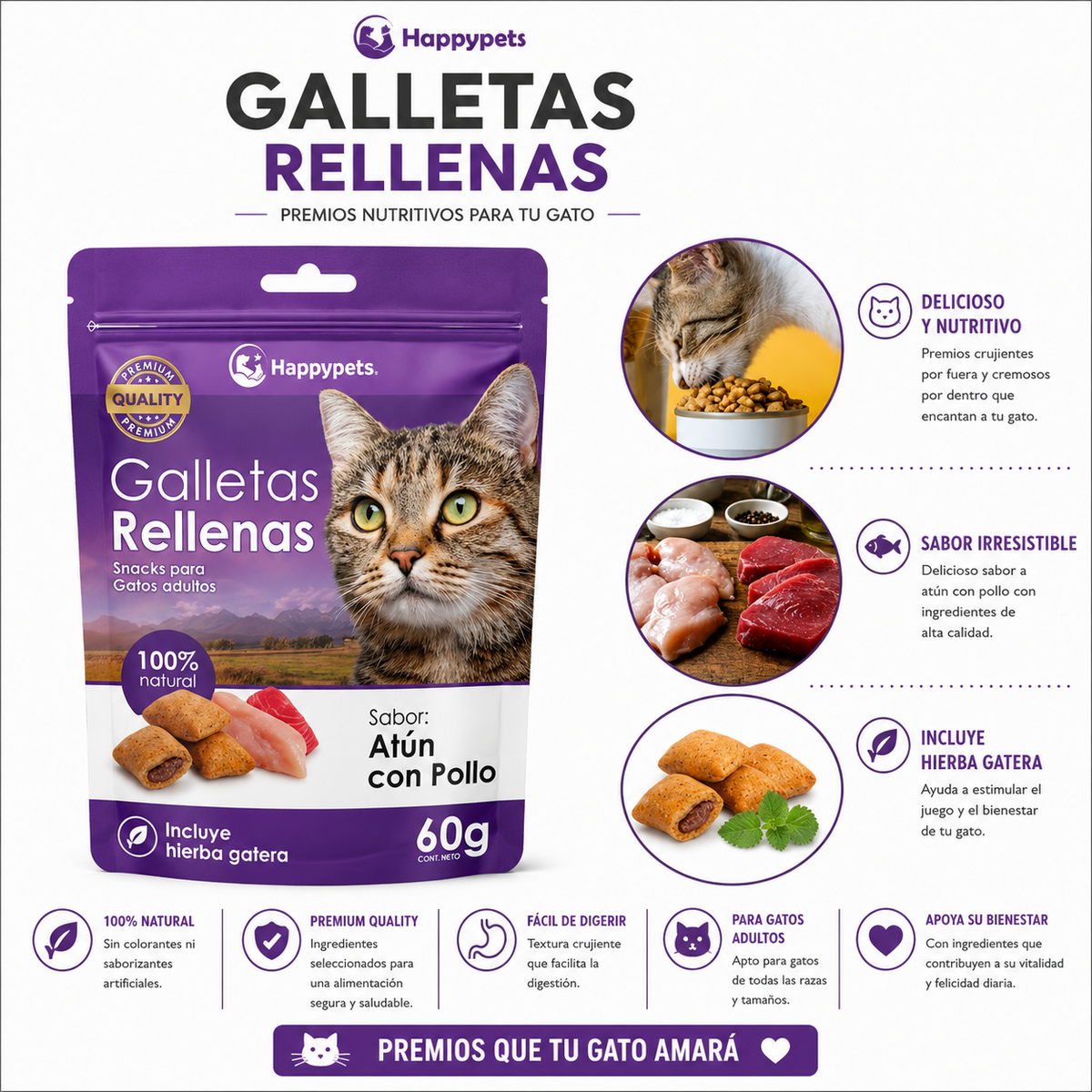 Happypets Galletas Rellenas de Atún con Pollo y Hierba Gatera 60 g