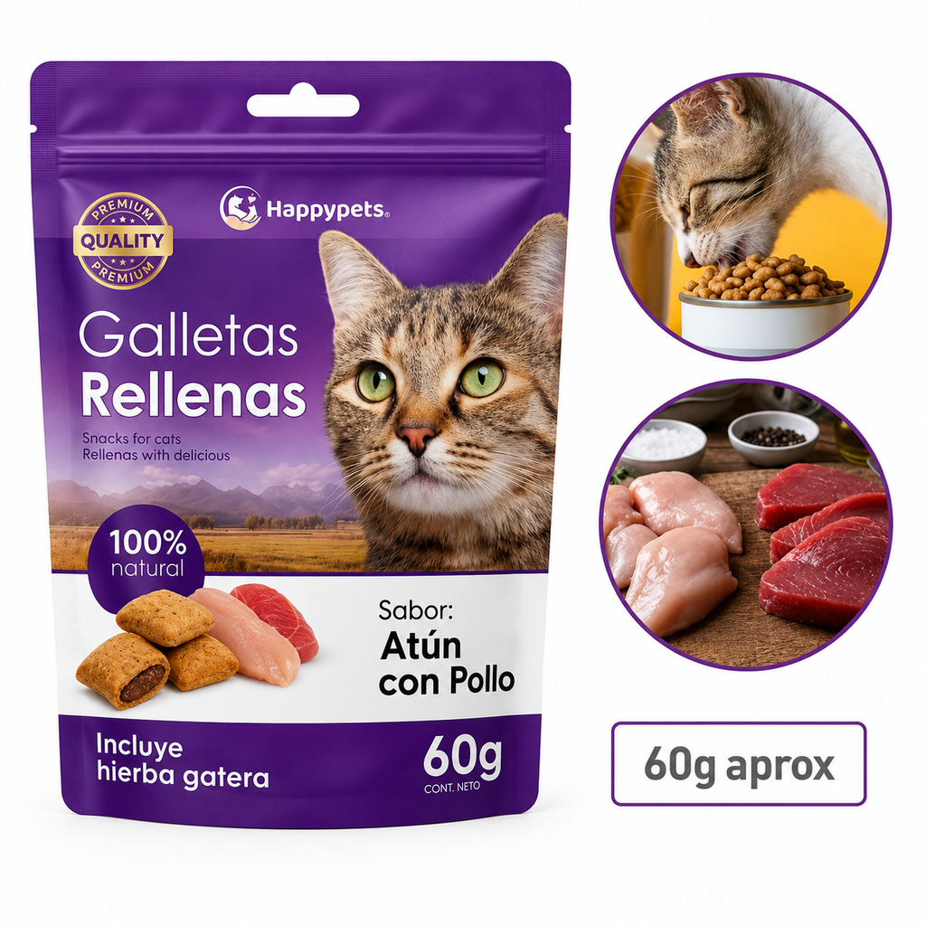 Happypets Galletas Rellenas de Atún con Pollo y Hierba Gatera 60 g