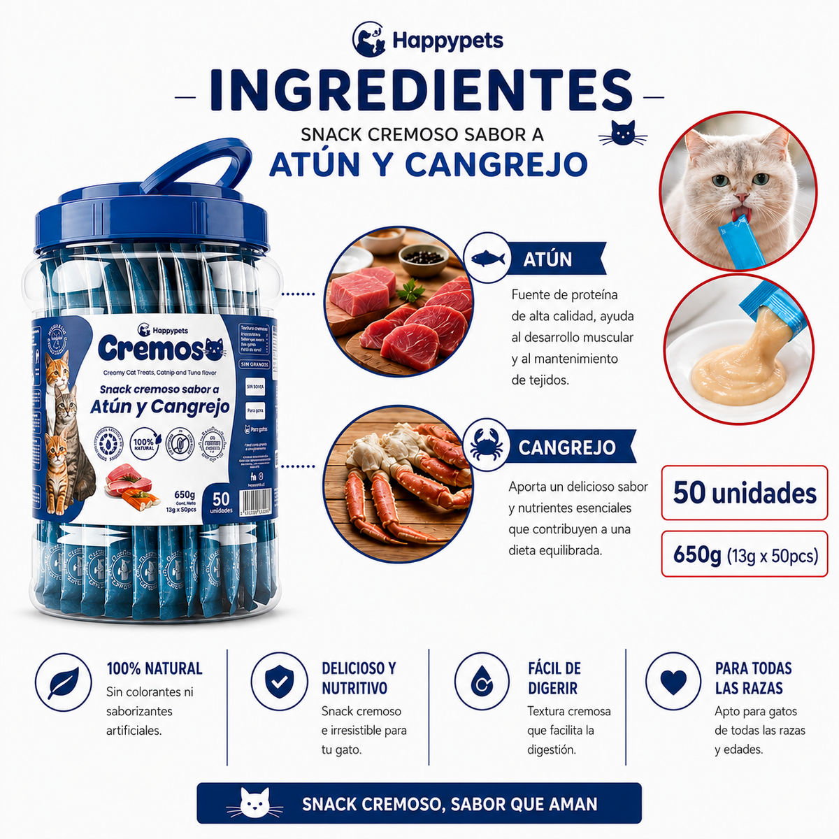 Happypets Cremoso Atún y Cangrejo — 50 Unidades